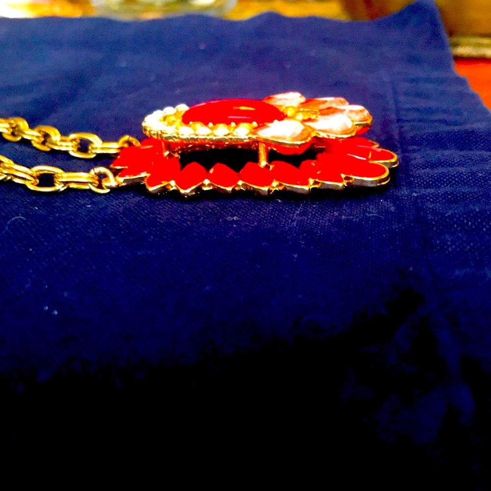 Fun orange pink gold and diamond look necklace. Long hanging but adjustable. - Picture 4 of 4